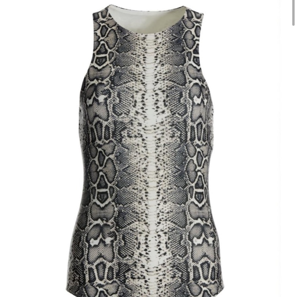 Polyester snake skin print bodysuit with high neck and no sleeves
